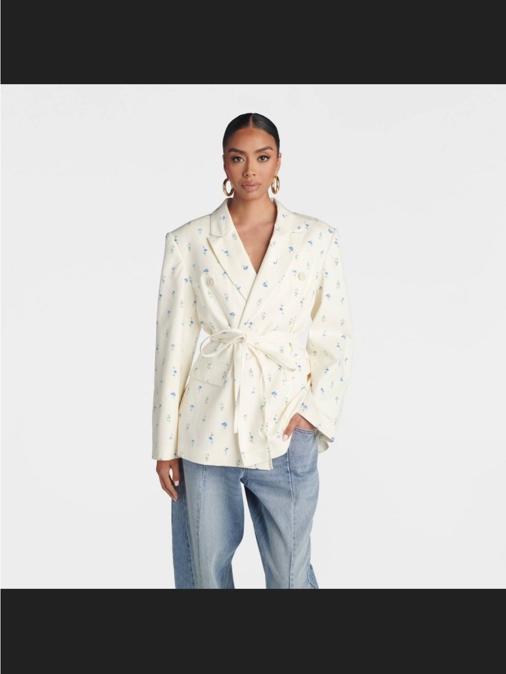 Women's Cream Floral Tie-Waist Blazer Jacket